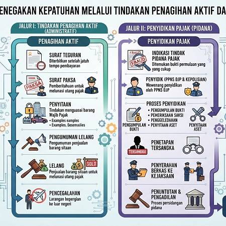 Tinjauan Hukum Penegakan Kepatuhan Melalui Tindakan Penagihan Aktif dan Penyidikan Pajak